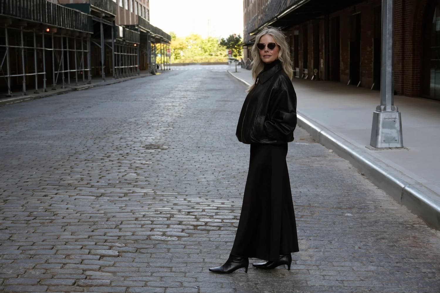 Rebecca wearing a timeless neutral look